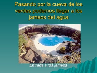 Pasando por la cueva de los
verdes podemos llegar a los
     jameos del agua




     Entrada a los jameos
 