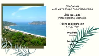 Sitio Ramsar
Zona Marina Parque Nacional Machalilla


Área Protegida
Parque Nacional Machalilla


Fecha de designación
07/09/1990


Provincia
Manabí


Superficie
14430
 