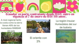 A nivel regional tanto
la costa como la sierra
tienen 49% de los
humedales RAMSAR
del país
El oriente con
2%
La región insular:
Humedales del sur
de Isabela.
Ecuador es parte contratante desde 1990, entró en
vigencia el 7 de enero de 1991 (22 años).
 