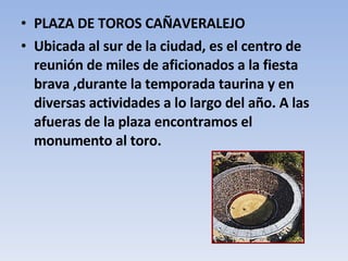 PLAZA DE TOROS CAÑAVERALEJO Ubicada al sur de la ciudad, es el centro de reunión de miles de aficionados a la fiesta brava ,durante la temporada taurina y en diversas actividades a lo largo del año. A las afueras de la plaza encontramos el monumento al toro. 