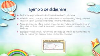 Ejemplo de slideshare
 Explicación y ejemplificación de rúbricas de evaluación educativa
 Infografía sobre concepto y técnica de creatividad tras crear blog subir y compartir
imágenes videos y audios combinando con otras redes sociales
 Social go atraves de ella se pueden enviar mensaje, invitar a participante, crear un
blog, abrir un foro, planificar un evento, compartir contenido multimedia, crear
boletines
 Las redes sociales son una herramienta para todo los ámbitos de nuestra vida y no
debe de estar ningún paso por detrás en el ámbito educativo.
 