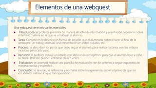 Elementos de una webquest
Una webquest tiene seis partes esenciales:
 Introducción: el profesor presenta de manera atractiva la información y orientación necesarias sobre
el tema o materia en la que va a trabajar el alumno.
 Tarea: Consiste en la descripción formal de aquello que el alumnado deberá hacer al final de la
webquest: un trabajo manual, una presentación en vídeo o audio, etc.
 Proceso: se describen los pasos que debe seguir el alumno para realizar la tarea, con los enlaces
incluidos para cada paso.
 Recursos: el profesor incluye un listado con sitios en la red óptimos para que el alumno lleve a cabo
su tarea. También pueden utilizarse otras fuentes.
 Evaluación: se aconseja realizar una plantilla de evaluación con los criterios a seguir expuestos de
manera precisa y específica .
 Conclusión: se resume, se reflexiona y se charla sobre la experiencia, con el objetivo de que los
estudiantes valoren lo que han aprendido.
 