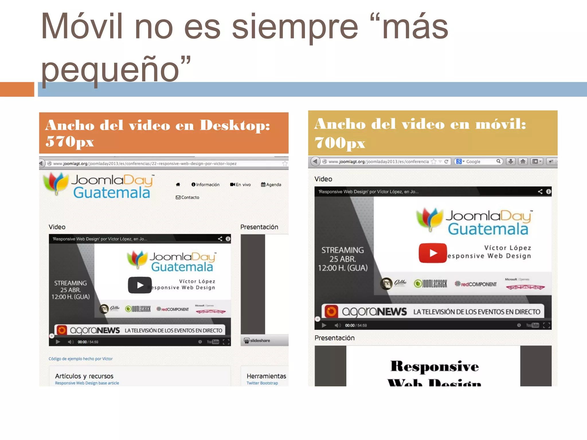 Móvil no es siempre “más
pequeño”
Ancho del video en Desktop:
570px
Ancho del video en móvil:
700px
 