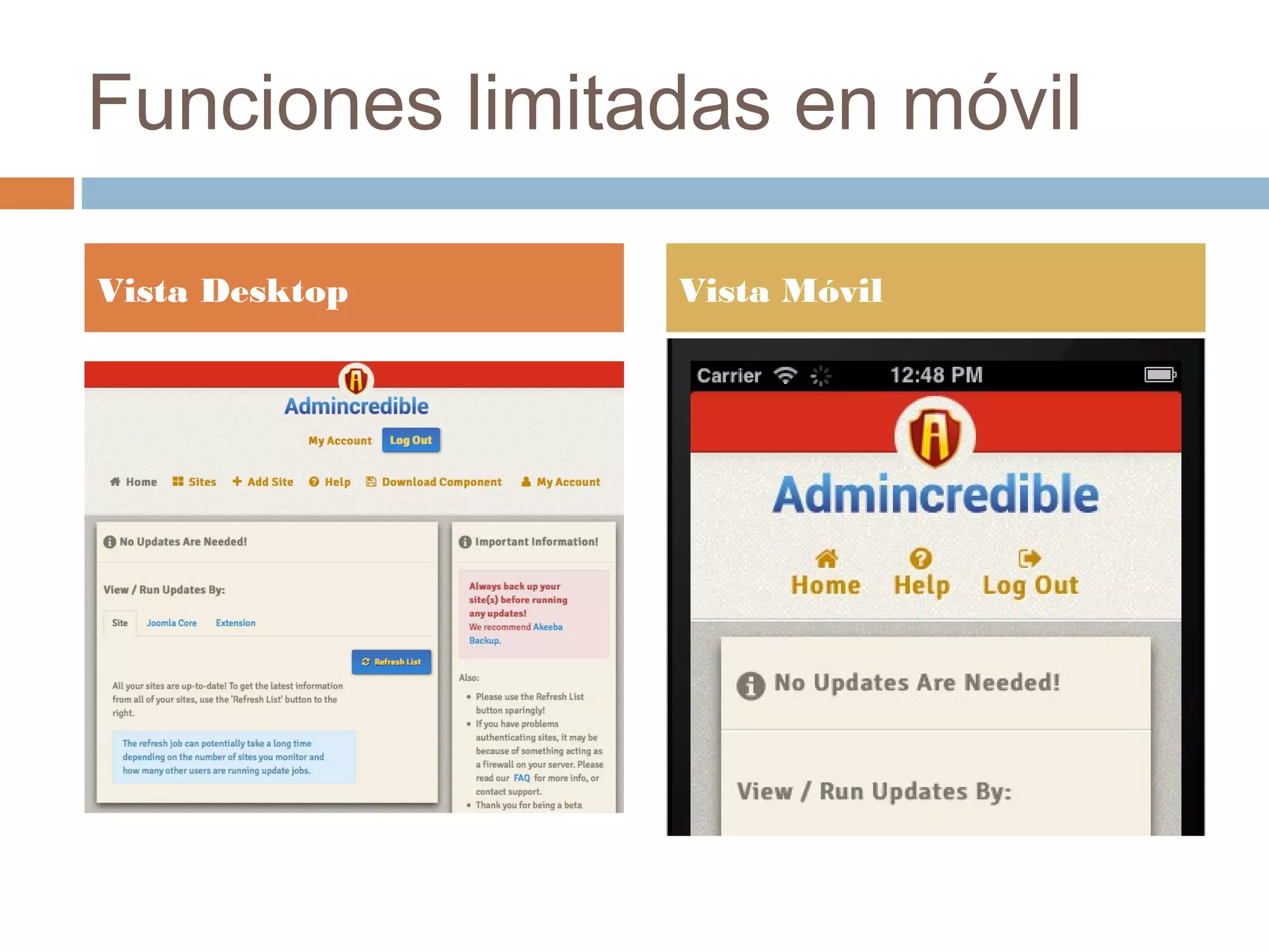 Funciones limitadas en móvil
Vista Desktop Vista Móvil
 