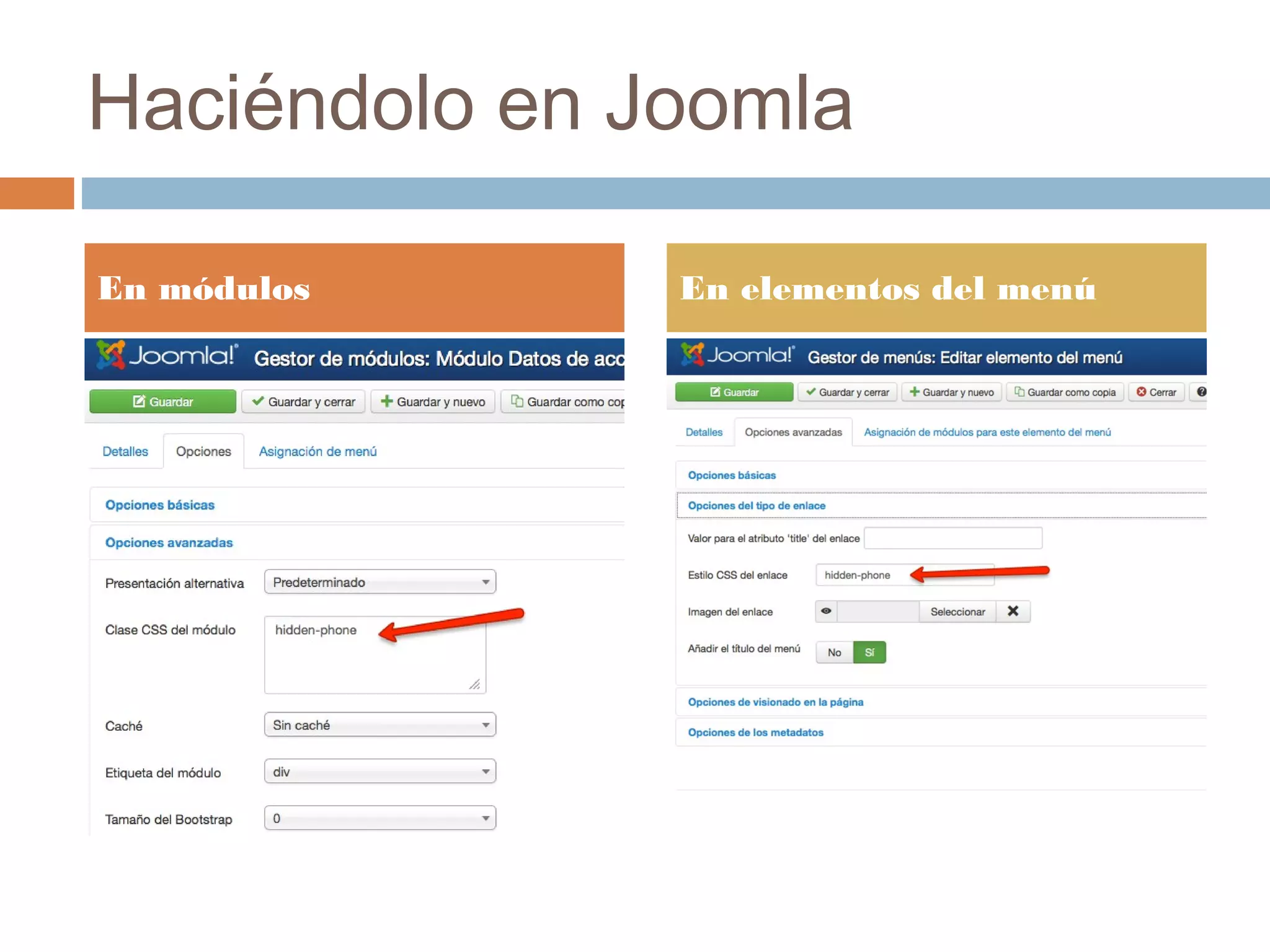 Haciéndolo en Joomla
En módulos En elementos del menú
 
