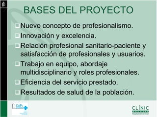 BASES DEL PROYECTO
 Nuevo concepto de profesionalismo.
 Innovación y excelencia.
 Relación profesional sanitario-paciente y
  satisfacción de profesionales y usuarios.
 Trabajo en equipo, abordaje
  multidisciplinario y roles profesionales.
 Eficiencia del servicio prestado.
 Resultados de salud de la población.
 