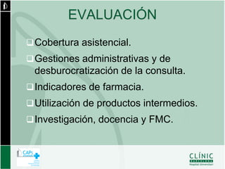 EVALUACIÓN
 Cobertura asistencial.
 Gestiones administrativas y de
 desburocratización de la consulta.
 Indicadores de farmacia.
 Utilización de productos intermedios.
 Investigación, docencia y FMC.
 