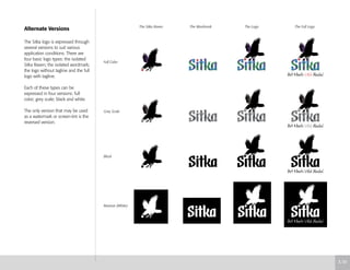 Alternate Versions
The Sitka logo is expressed through
several versions to suit various
application conditions. There are
four basic logo types: the isolated
Sitka Raven; the isolated wordmark;
the logo without tagline and the full
logo with tagline.
Each of these types can be
expressed in four versions: full
color; grey scale; black and white.
The only version that may be used
as a watermark or screen-tint is the
reversed version.
3.10
The Sitka Raven The Wordmark The Logo The Full Logo
Full Color
Grey Scale
Black
Reverse (White)
 