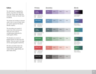 Colors
The Sitka Brand is supported by
primary, secondary and blended
color sets. These colors reflect the
character of Sitka and should never
be altered.
The primary set includes six process
colors. One or more of these colors
are used to represent the Brand
Identity Graphics.
The secondary set consists of
screen tints of the primary set.
These are to be used as
complimentary treatments for
subtle graphic effects.
The blended set consists of
gradient blends of colors from the
palette. These are used in the logo
and for special graphic treatments.
All colors are broken down into
reproduction formulas for print
media (CMYK), digital (RGB) and
web media (HEX).
Moss Green
Forest Shadow
Blue Ocean
Blend 4
Moss Green
Blue Ocean
Blend 3
70% 40% 30% 15%
CMYK 66/81/3/9
RGB 105/72/144
HEX 69/48/90
Purple
Majesty
Purple Majesty
Raven Black
Blend 1
Blue Ocean
Purple Majesty
Blend 2
Moss Green
Forest Shadow
Blend 5
70% 40% 30% 15%
CMYK 68/26/4/21
RGB 62/130/171
HEX 3E/82/AB
Blue Ocean
70% 40% 30% 15%
CMYK 83/51/53/29
RGB 46/88/92
HEX 2E/58/5C
Forest
Shadow
70% 40% 30% 15%
CMYK 68/11/72/17
RGB 74/14/98
HEX 4A/93/62
Moss Green
70% 40% 30% 15%
CMYK 13/82/62/2
RGB 209/82/87
HEX D1/52/57
Winter Sun
70% 40% 30% 15%
CMYK 0/0/0/100
RGB 35/31/32
HEX 23/1F/20
Raven Black
Primary Secondary Blends
4.1
 