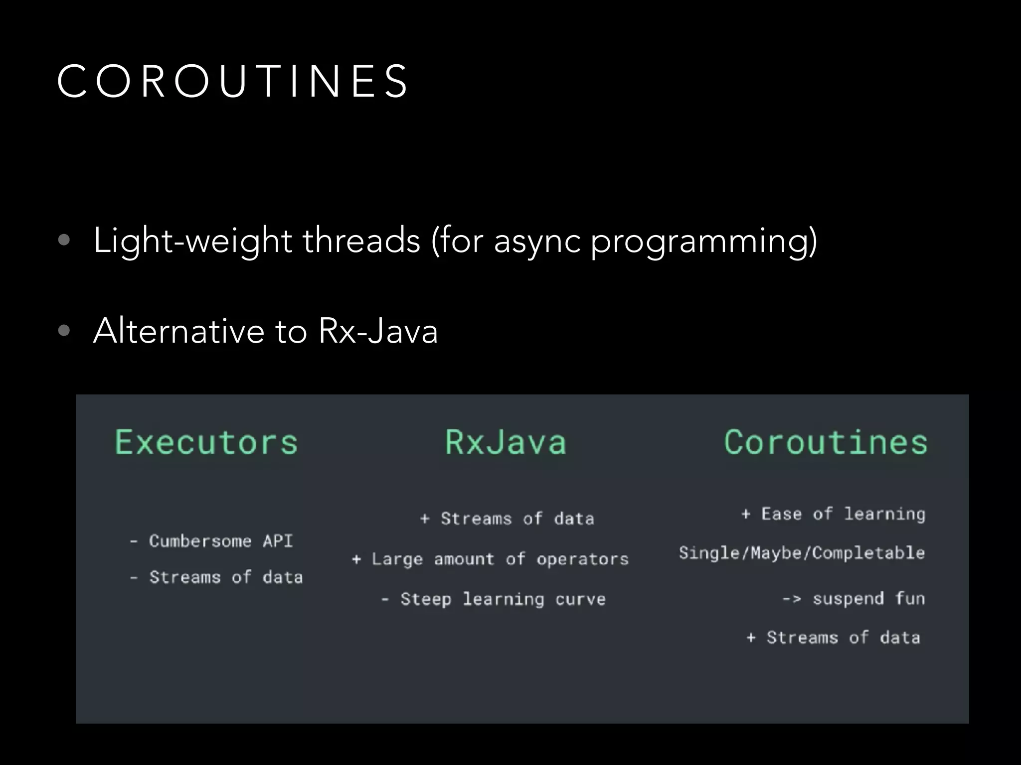 C O R O U T I N E S
• Light-weight threads (for async programming)
• Alternative to Rx-Java
 
