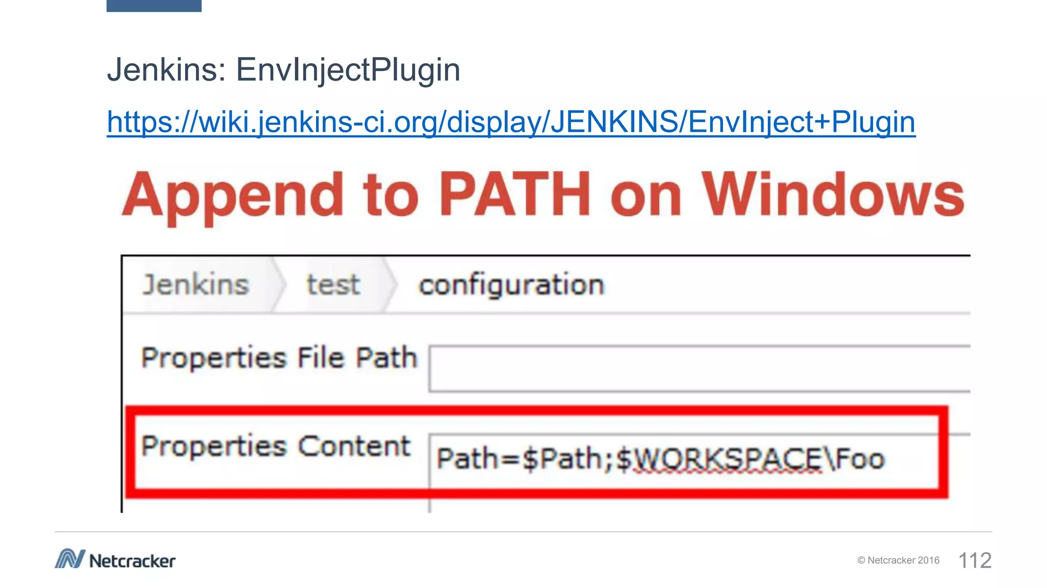 © Netcracker 2016 112
https://wiki.jenkins-ci.org/display/JENKINS/EnvInject+Plugin
Jenkins: EnvInjectPlugin
 