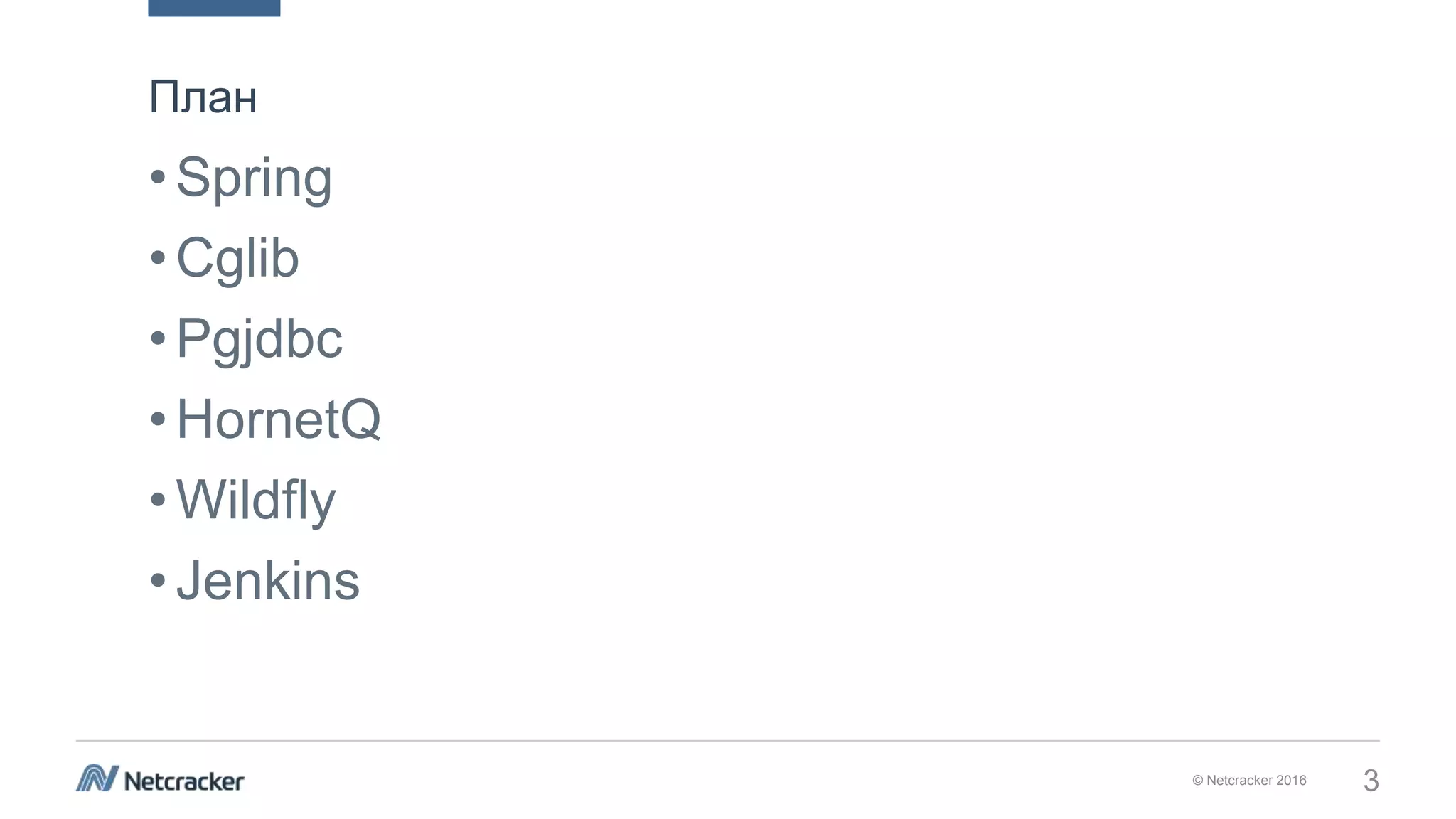 © Netcracker 2016 3
•Spring
•Cglib
•Pgjdbc
•HornetQ
•Wildfly
•Jenkins
План
 