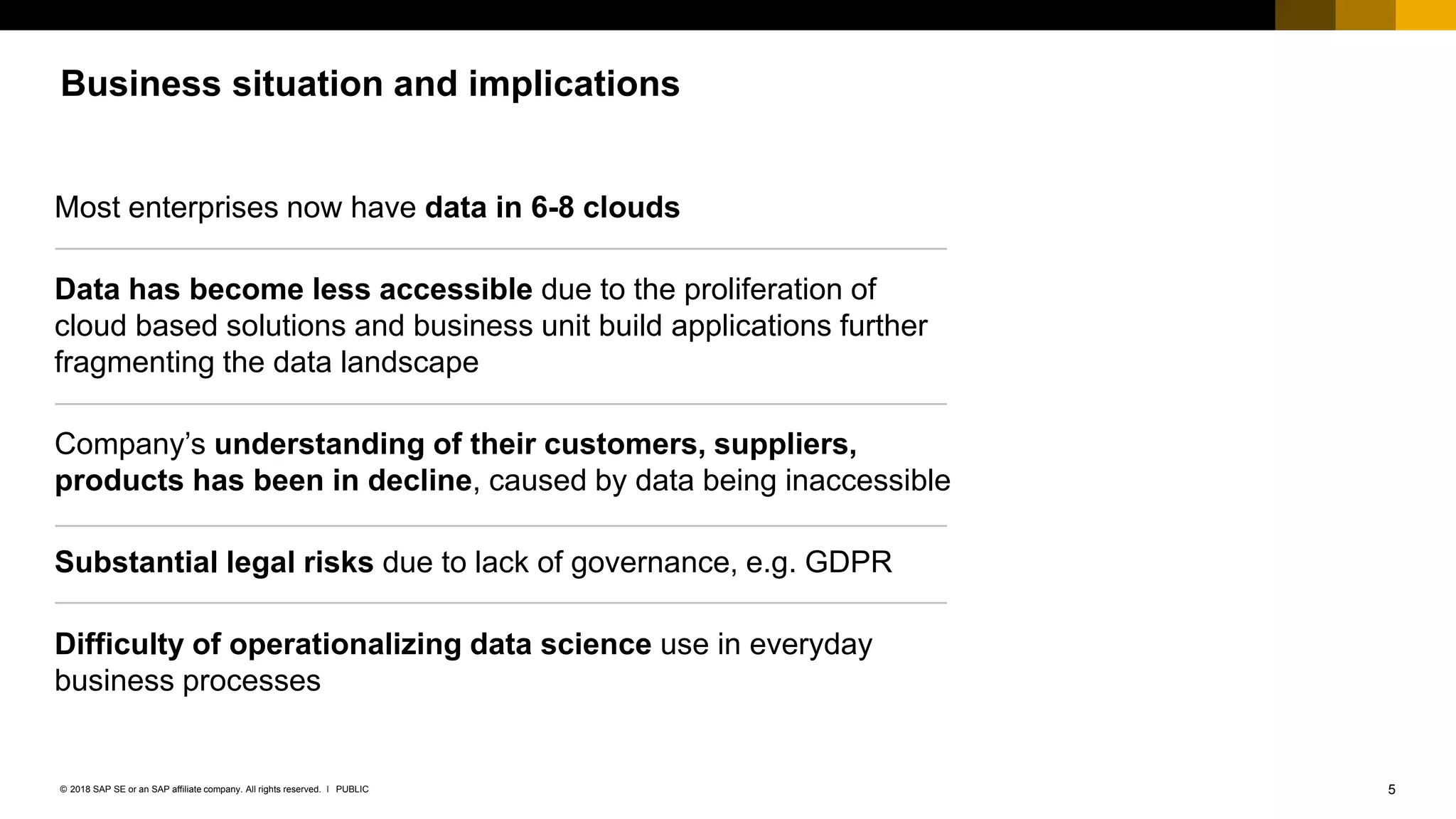 5PUBLIC© 2018 SAP SE or an SAP affiliate company. All rights reserved. ǀ
Business situation and implications
Most enterprises now have data in 6-8 clouds
Data has become less accessible due to the proliferation of
cloud based solutions and business unit build applications further
fragmenting the data landscape
Company’s understanding of their customers, suppliers,
products has been in decline, caused by data being inaccessible
Substantial legal risks due to lack of governance, e.g. GDPR
Difficulty of operationalizing data science use in everyday
business processes
 