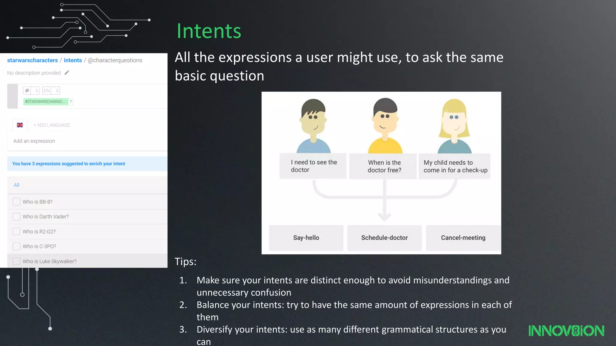 Intents
All the expressions a user might use, to ask the same
basic question
1. Make sure your intents are distinct enough to avoid misunderstandings and
unnecessary confusion
2. Balance your intents: try to have the same amount of expressions in each of
them
3. Diversify your intents: use as many different grammatical structures as you
can
Tips:
 