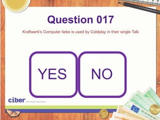 Question 017
Kraftwerk's Computer liebe is used by Coldplay in their single Talk




        YES                            NO
 