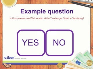 Example question
Is Computerservice-Wolf located at the Trostberger Street in Tachtering?




           YES                           NO
 