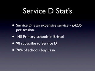 Service D Stat’s
• Service D is an expensive service - £4235
  per session.
• 140 Primary schools in Bristol
• 98 subscribe to Service D
• 70% of schools buy us in
 