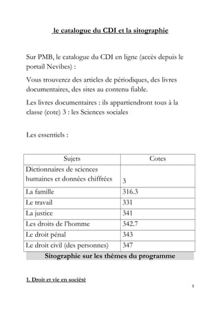 le catalogue du CDI et la sitographie
Sur PMB, le catalogue du CDI en ligne (accès depuis le
portail Nevibes) :
Vous trouverez des articles de périodiques, des livres
documentaires, des sites au contenu fiable.
Les livres documentaires : ils appartiendront tous à la
classe (cote) 3 : les Sciences sociales
Les essentiels :
Sujets Cotes
Dictionnaires de sciences
humaines et données chiffrées 3
La famille 316.3
Le travail 331
La justice 341
Les droits de l’homme 342.7
Le droit pénal 343
Le droit civil (des personnes) 347
Sitographie sur les thèmes du programme
1. Droit et vie en société
3
 