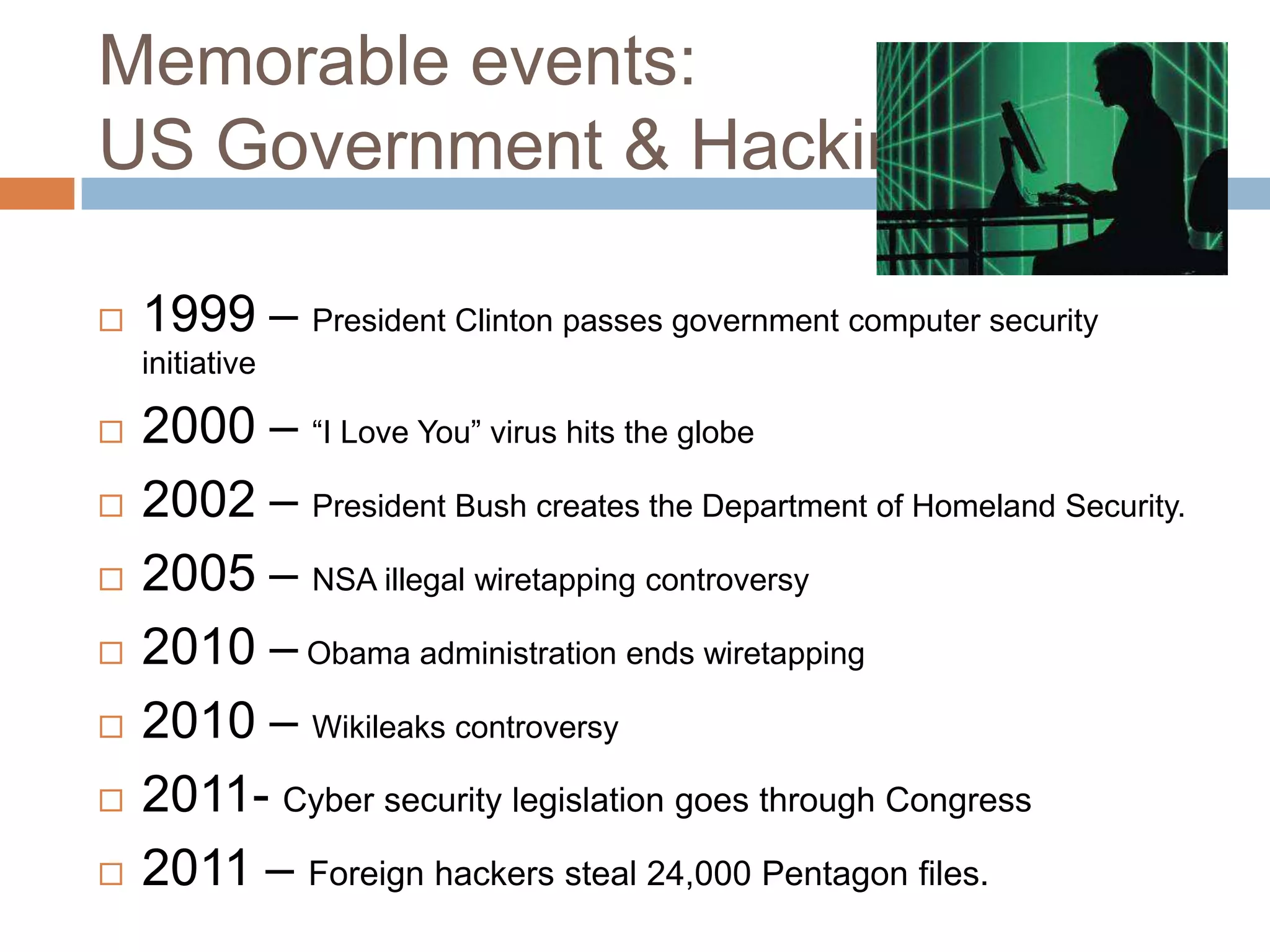 Memorable events:
US Government & Hacking

   1999 – President Clinton passes government computer security
    initiative

   2000 – “I Love You” virus hits the globe
   2002 – President Bush creates the Department of Homeland Security.
   2005 – NSA illegal wiretapping controversy
   2010 – Obama administration ends wiretapping
   2010 – Wikileaks controversy
   2011- Cyber security legislation goes through Congress
   2011 – Foreign hackers steal 24,000 Pentagon files.
 