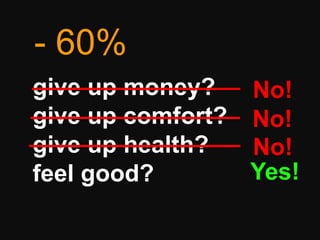 - 60%
give up money?   No!
give up comfort? No!
give up health?  No!
feel good?       Yes!
 
