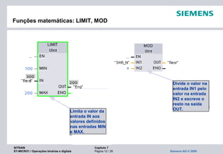 SITRAIN Capítulo 7
ST-MICRO1 / Operações binárias e digitais Página 12 / 26 Siemens AG © 2009
Funções matemáticas: LIMIT, MOD
Limita o valor da
entrada IN aos
valores definidos
nas entradas MIN
e MAX.
Divide o valor na
entrada IN1 pelo
valor na entrada
IN2 e escreve o
resto na saída
OUT.
 