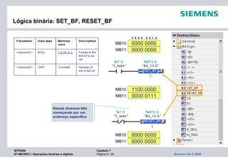 SITRAIN Capítulo 7
ST-MICRO1 / Operações binárias e digitais Página 8 / 26 Siemens AG © 2009
Lógica binária: SET_BF, RESET_BF
1100 0000
0000 0111
MB10
MB11
0000 0000
0000 0000
MB10
MB11
7 6 5 4 3 2 1 0
0000 0000
0000 0000
MB10
MB11
Reseta diversos bits
começando por um
endereço específico
 