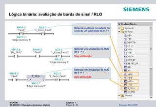 SITRAIN Capítulo 7
ST-MICRO1 / Operações binárias e digitais Página 9 / 26 Siemens AG © 2009
Detecta uma mudança no RLO
de 0 -> 1
Sem atribuição
Detecta uma mudança no RLO
de 0 -> 1
Com atribuição
Lógica binária: avaliação de borda de sinal / RLO
Detecta mudança no estado do
sinal de um operando de 0 -> 1
 
