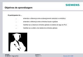 SITRAIN Capítulo 5
ST-MICRO1 / Tags do PLC Página 2 / 17 Siemens AG © 2009
O participante irá ...
... entender a diferença entre endereçamento absoluto e simbólico
... entender a diferença entre símbolos locais e globais
... habilitar-se a observar símbolos globais na tabela de tags do PLC
... habilitar-se a editar uma tabela de símbolos globais
Objetivos de aprendizagem
 