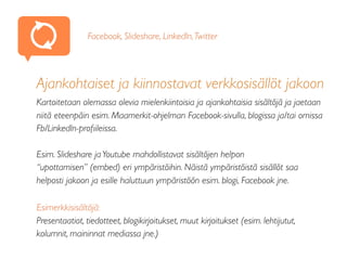 Ajankohtaiset ja kiinnostavat verkkosisällöt jakoon
Kartoitetaan olemassa olevia mielenkiintoisia ja ajankohtaisia sisältöjä ja jaetaan
niitä eteenpäin esim. Maamerkit-ohjelman Facebook-sivulla, blogissa ja/tai omissa
Fb/LinkedIn-proﬁileissa.
Esim. ݺߣshare jaYoutube mahdollistavat sisältöjen helpon
“upottamisen” (embed) eri ympäristöihin. Näistä ympäristöistä sisällöt saa
helposti jakoon ja esille haluttuun ympäristöön esim. blogi, Facebook jne.
Esimerkkisisältöjä:
Presentaatiot, tiedotteet, blogikirjoitukset, muut kirjoitukset (esim. lehtijutut,
kolumnit, maininnat mediassa jne.)
Facebook, ݺߣshare, LinkedIn,Twitter
 
