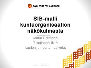 SIB-malli
kuntaorganisaation
näkökulmasta
Maria Päivänen
Tilaajapäällikkö
Lasten ja nuorten palvelut
19.3.2015 Maria Päivänen
 