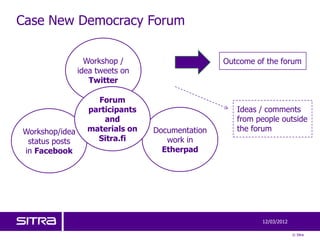 Case New Democracy Forum

                  Workshop /                     Outcome of the forum
                idea tweets on
                   Twitter

                    Forum
                  participants                      Ideas / comments
                      and                           from people outside
Workshop/idea     materials on   Documentation      the forum
 status posts       Sitra.fi        work in
in Facebook                        Etherpad




                                                           12/03/2012

                                                                        © Sitra
 