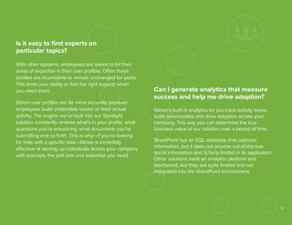 Is it easy to ﬁnd experts on
particular topics?
With other systems, employees are asked to list their
areas of expertise in their user proﬁles. Often these
proﬁles are incomplete or remain unchanged for years.
This limits your ability to ﬁnd the right experts when
you need them.
Sitrion user proﬁles are far more accurate because
employees build credentials based on their actual
activity. The engine we’ve built into our Spotlight
solution constantly reviews what’s in your proﬁle, what
questions you’re answering, what documents you’re
submitting and so forth. This is why—if you’re looking
for help with a speciﬁc task—Sitrion is incredibly
effective at serving up individuals across your company
with precisely the skill sets and expertise you need.

Can I generate analytics that measure
success and help me drive adoption?
Sitrion’s built-in analytics let you track activity levels,
build communities and drive adoption across your
company. This way you can determine the true
business value of our solution over a period of time.
SharePoint has an SQL database that captures
information, but it does not provide out-of-the-box
social information and is fairly limited in its application.
Other solutions have an analytics platform and
dashboard, but they are quite limited and not
integrated into the SharePoint environment.

12

 