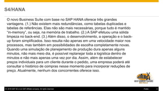 © 2016 SAP SE or an SAP affiliate company. All rights reserved. 4Public
S4/HANA
O novo Business Suíte com base no SAP HANA oferece três grandes
vantagens. (1.) Não existem mais redundâncias, como tabelas duplicadas e
tabelas de referências. Elas não são mais necessárias, porque tudo é mantido
“in-memory”, ou seja, na memória de trabalho. (2.) A SAP efetuou uma sólida
limpeza no back-end. (3.) Além disso, o desenvolvimento, a operação e o back-
up foram simplificados. Isso resulta não apenas em uma velocidade maior nos
processos, mas também em possibilidades de escolha completamente novas.
Quando uma simulação de planejamento de produção dura apenas alguns
minutos, não mais meio dia, é possível replanejar toda a logística dentro de
minutos e não mais apenas uma vez por dia. Assim, além de estabelecer
preços individuais para um cliente durante o pedido, uma empresa poderá até
consultar o histórico de compras nesse momento para incorporar reduções de
preço. Atualmente, nenhum dos concorrentes oferece isso.
 