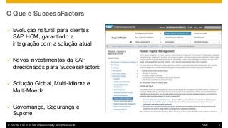 © 2017 SAP SE or an SAP affiliate company. All rights reserved. 4Public
O Que é SuccessFactors
 Evolução natural para clientes
SAP HCM, garantindo a
integração com a solução atual
 Novos investimentos da SAP
direcionados para SuccessFactors
 Solução Global, Multi-Idioma e
Multi-Moeda
 Governança, Segurança e
Suporte
 