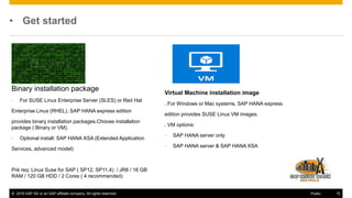 © 2016 SAP SE or an SAP affiliate company. All rights reserved. 15Public
• Get started
Binary installation package
• For SUSE Linux Enterprise Server (SLES) or Red Hat
Enterprise Linux (RHEL), SAP HANA express edition
provides binary installation packages.Choose installation
package ( Binary or VM).
• Optional install: SAP HANA XSA (Extended Application
Services, advanced model)
Pré req: Linux Suse for SAP ( SP12, SP11.4) / JR8 / 16 GB
RAM / 120 GB HDD / 2 Cores ( 4 recommended)
Virtual Machine installation image
. For Windows or Mac systems, SAP HANA express
edition provides SUSE Linux VM images.
. VM options:
• SAP HANA server only
• SAP HANA server & SAP HANA XSA
 