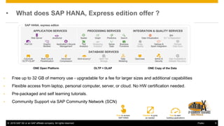 © 2016 SAP SE or an SAP affiliate company. All rights reserved. 9Public
• What does SAP HANA, Express edition offer ?
• Free up to 32 GB of memory use - upgradable for a fee for larger sizes and additional capabilities
• Flexible access from laptop, personal computer, server, or cloud. No HW certification needed.
• Pre-packaged and self learning tutorials.
• Community Support via SAP Community Network (SCN)
 