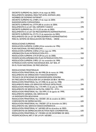 DECRETO SUPREMO No. 26624 (14 de mayo de 2002)
REGLAMENTO GENERAL PARA TOP LEVEL DOMAIN (.BO)
NOMBRES DE DOMINIO INTERNET ............................................................................................ 266
DECRETO SUPREMO No. 27489 (14 de mayo de 2004)
RADIODIFUSIÓN COMUNITARIA ................................................................................................. 273
DECRETO SUPREMO No. 27779 (08 de octubre de 2004)
REGLAMENTO A LA LEY DEL DEPORTE Y ANEXO ................................................................ 278
DECRETO SUPREMO No. 27113 (23 de julio de 2003)
REGLAMENTO A LA LEY DE PROCEDIMIENTO ADMINISTRATIVO .................................. 337
DECRETO SUPREMO No. 27172 (15 de septiembre de 2003)
REGLAMENTO DE LA LEY DE PROCEDIMIENTO ADMINISTRATIVO
PARA EL SISTEMA DE REGULACION SECTORIAL – SIRESE .................................................. 366

RESOLUCIONES SUPREMAS
RESOLUCIÓN SUPREMA 216900 (18 de noviembre de 1996)
PLAN NACIONAL DE FRECUENCIAS .......................................................................................... 391
RESOLUCIÓN SUPREMA 218762 (19 de mayo de 1999)
APROBACIÓN PLAN INTRODUCCIÓN PCS ............................................................................. 558
RESOLUCIÓN SUPREMA 219129 (09 de junio de 2000)
MODIFICACIÓN APROBACIÓN PLAN INTRODUCCIÓN PCS ........................................... 564
RESOLUCIÓN SUPREMA 218921 (21 de noviembre de 1999)
INTRODUCCIÓN NOTAS NACIONALES BOL 36 Y BOL 37
EN EL PLAN NACIONAL DE FRECUENCIAS.............................................................................. 567

RESOLUCIONES MINISTERIALES
RESOLUCIÓN MINISTERIAL No. 46/1998 (26 de marzo de 1998)
REGLAMENTO DE OPERACIÓN Y FUNCIONAMIENTO
TÉCNICO DE ESTACIONES DE RADIODIFUSIÓN SONORA
EN FRECUENCIA MODULADA EN LA BANDA DE 88 A 108 MHz .................................... 575
RESOLUCIÓN MINISTERIAL No. 57/1998 (16 de abril de 1998)
REGLAMENTO PARA LOS SERVICIOS MÓVILES SATELITALES ............................................. 594
RESOLUCION MINISTERIAL No. 119/1999 (13 de julio de 1999)
REGLAMENTO DE SERVICIO SATELITAL DIRECTO - DTH ................................................... 598
RESOLUCION MINISTERIAL No. 126/1999 (13 de agosto de 1999)
REGLAMENTO GENERAL DEL SERVICIO DE
LA RADIOAFICIÓN BOLIVIANA ................................................................................................... 601
RESOLUCIÓN MINISTERIAL No. 120/2001 (05 de octubre de 2001)
COEFICIENTES DE DEPRECIACIÓN ............................................................................................. 620
RESOLUCIÓN MINISTERIAL No. 178/2001 (27 de diciembre de 2001)
REGLAMENTO DEL SERVICIO VIDEOCONFERENCIA ............................................................ 626
RESOLUCIÓN MINISTERIAL Nº 160/2003 (09 de diciembre de 2003)
COEFICIENTES DE DEPRECIACIÓN ACTIVOS FIJOS COOPERATIVAS ............................. 630
RESOLUCIÓN MINISTERIAL Nº 170/2003 (23 DE DICIEMBRE DE 2003)
MODIFICACIÓN AL ART. 2º DE LA R.M. 160/2003 ..................................................................... 632
 