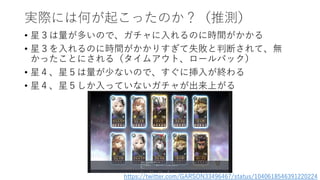 実際には何が起こったのか？（推測）
• 星３は量が多いので、ガチャに入れるのに時間がかかる
• 星３を入れるのに時間がかかりすぎて失敗と判断されて、無
かったことにされる（タイムアウト、ロールバック）
• 星４、星５は量が少ないので、すぐに挿入が終わる
• 星４、星５しか入っていないガチャが出来上がる
https://twitter.com/GARSON33496467/status/1040618546391220224
 