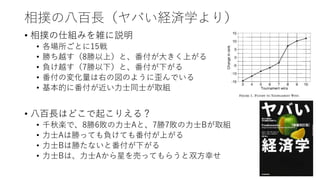 相撲の八百長（ヤバい経済学より）
• 相撲の仕組みを雑に説明
• 各場所ごとに15戦
• 勝ち越す（8勝以上）と、番付が大きく上がる
• 負け越す（7勝以下）と、番付が下がる
• 番付の変化量は右の図のように歪んでいる
• 基本的に番付が近い力士同士が取組
• 八百長はどこで起こりえる？
• 千秋楽で、8勝6敗の力士Aと、7勝7敗の力士Bが取組
• 力士Aは勝っても負けても番付が上がる
• 力士Bは勝たないと番付が下がる
• 力士Bは、力士Aから星を売ってもらうと双方幸せ
 
