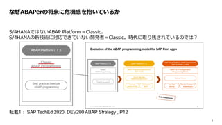6
S/4HANAではないABAP Platform＝Classic。
S/4HANAの新技術に対応できていない開発者＝Classic。時代に取り残されているのでは？
なぜABAPerの将来に危機感を抱いているか
転載1： SAP TechEd 2020, DEV200 ABAP Strategy , P12
 