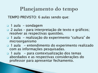 TEMPO PREVISTO: 6 aulas sendo que:
 1 aula – sondagem
 2 aulas – para interpretação de texto e gráficos;
resolver as respectivas questões.
 1 aula - realização do experimento “cultura” de
microorganismo
 1 aula - entendimento do experimento realizado
com as informações pesquisadas.
 1 aula - para contextualização dos temas
abordados e as respectivas considerações do
professor para apresentar fechamento.
 