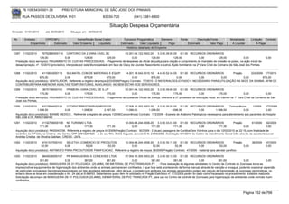 76.105.543/0001-35            PREFEITURA MUNICIPAL DE SÃO JOSÉ DOS PINHAIS

        RUA PASSOS DE OLIVEIRA 1101                                    83030-720               (041) 3381-6800

                                                                            Situação Despesa Orçamentária
Emissão: 01/01/2010      até 28/05/2010      Situação em: 28/05/2010

 Nr.     Emissão       CPF/CNPJ                   Nome/Razão Social Credor             Funcional Programática       Elemento         Fonte          Descrição Fonte         Modalidade       Licitação Contrato
             Empenhado      Estornado          Valor Empenho    Liquidado            Estornado      Valor Liquidado      Pago                Estornado       Valor Pago      Á Liquidar           Á Pagar
                                                                                         Histórico detalhado do Empenho

 1287   11/02/2010     76752880000114 CARTORIO DA 2 VARA CIVEL DE                          03.001.04.122.0002.20    3.3.90.39.66.00 0.1.00 RECURSOS ORDINÁRIOS
                     129,00               0,00             129,00            129,00              0,00          129,00            129,00              0,00           129,00            0,00              0,00
  Prestação do(s) serviço(s): PAGAMENTO DE CUSTAS PROCESSUAIS, - Pagamento de despesas de oficial de justiça para citação e cumprimento de mandado de imissão na posse, na ação inicial de
  desapropriação, nº. 10/2010 (provisório), interposta por esta Municipalidade em face de Glacy de Lourdes Nascimento e outros. Ação tramitando na 2ª Vara Cível da Comarca de São José dos Pinhais.


 1288   11/02/2010     4115693000119    SULMATEL COM DE MATERIAIS E EQUIP.            14.001.18.542.0010.10    4.4.90.52.34.00 0.1.00 RECURSOS ORDINÁRIOS      Pregão      223/2009 77/2010
                     875,00            0,00           875,00            875,00             0,00           875,00              0,00        0,00          0,00          0,00         875,00
  Aquisição do(s) produto(s): VENTILADOR, Referente a registro de preços 223/2009(Pregão) Contrato: 77/2010 - O MATERIAL SOLICITADO É NECESSARIO PARA UTILIZAÇÃO NA SEDE DA SEMMA ,AFIM DE
  CONTRIBUIR PARA AMENIZAR AS ALTAS TEMPERATURAS, AUXILIANDO NO BEM ESTAR DOS SERVIDORES.
 1289   11/02/2010      3675198000100  PRIMEIRA VARA CIVEL DE S.J.P          03.001.04.122.0002.20      3.3.90.39.66.00 0.1.00 RECURSOS ORDINÁRIOS
                     175,00           0,00        175,00          175,00          0,00             175,00             175,00              0,00            175,00              0,00             0,00
  Prestação do(s) serviço(s): PAGAMENTO DE CUSTAS PROCESSUAIS, - Pagamento de custas de Oficial de Justiça, referente a 07 processos de execução fiscal, em trâmite na 1ª Vara Cível da Comarca de São
  José dos Pinhais.
 1290   11/02/2010       6317684000136  CITOPAT PRESTSERVS MEDICOS                   07.006.10.302.0003.20      3.3.90.39.50.00 0.1.00 RECURSOS ORDINÁRIOS            Concorrência     1/2009     172/2009
                   1.098,50            0,00        1.098,50           2.197,00        1.098,50           1.098,50          1.098,50          0,00         1.098,50              0,00              0,00
  Aquisição do(s) produto(s): EXAME MEDICO , Referente a registro de preços 1/2009(Concorrência) Contrato: 172/2009 - Exames de Anátomo Patologicos necessarios para atendimento aos pacientes do Hospital
  São José e Dr. Attilio Talamini
 1291   11/02/2010    81102709000108 NC TURISMO LTDA                                  10.004.08.244.0006.20     3.3.90.33.01.00 0.1.00 RECURSOS ORDINÁRIOS                  Pregão         61/2009     92/2009
                     171,30              0,00         171,30            171,30             0,00           171,30             171,30             0,00            171,30              0,00               0,00
  Aquisição do(s) produto(s): PASSAGEM, Referente a registro de preços 61/2009(Pregão) Contrato: 92/2009 - 2 (duas) passagens de Curitiba/Dois Vizinhos para o dia 12/02/2010 as 22:15, com finalidade de
  recâmbio da Srª Gláucia Cristina dos Santos CPF 00913261920 ,e de seu filho André Augusto Javoslei D.N. 24/08/2003 .Solicitação 001/2010 do Centro de Atendimento Social CAS através da assistente social
  Andréia Cristina de Oliveira Gabilan, CRESS - 2476.
 1292   11/02/2010     4741337000100    SELETIVA COMERCIO DE PRODUTOS        10.004.08.244.0006.20      3.3.90.30.11.00 0.1.00 RECURSOS ORDINÁRIOS                  Pregão                   38/2009    47/2009
                      52,00            0,00         52,00        52,00             0,00             52,00             52,00             0,00             52,00             0,00                         0,00
  Aquisição do(s) produto(s): ANTIMOFO PARA PRODUTOS DE PANIFICACAO, Referente a registro de preços 38/2009(Pregão) Contrato: 47/2009 - material para atender panificio

 1293   11/02/2010      8645026000107      PR MANGUEIRAS E CONEXOES LTDA                    07.004.10.305.0003.20     3.3.90.30.12.00 0.1.00 RECURSOS ORDINÁRIOS
                      381,60              0,00           381,60             381,60               0,00           381,60             381,60              0,00          381,60             0,00                0,00
  Aquisição do(s) produto(s): MANGUEIRA DE 01 POLEGADA (25,4MM), EM MATERIAL DE PVC TRANCADA PT. , - Para realização de algumas atividades no Centro de Controle de Zoonoses torna-se
  imprescindível equipamentos de higienização dos ambientes onde os animais permanecem confinados, o que hoje está acontecendo de forma manual, através de varrição e enxague, podendo ocasionar aspersão
  de partículas nocivas aos Servidores responsáveis por tais atividades laborativas, além de que, o contato com as fezes dos animais apreendidos podem ser veículo de transmissão de zoonoses verminóticas, no
  entanto deve-se levar em consideração o Art. 24 da Lei 8.666/93. Salientamos que o item foi solicitado no Pregão Eletrônico nº. 172/2009 porém foi dado como fracassado no procedimento licitatório realizado.
  Solicitação de compra de MANGUEIRA DE 01 POLEGADA (25,4MM), EM MATERIAL DE PVC TRANCADA PT, para uso no Centro de controle de Zoonoses para higienização de ambientes onde animais ficam
  confinados.



                                                                                                                                                                                      Página 152 de 768
 