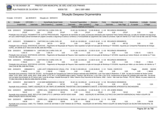 76.105.543/0001-35            PREFEITURA MUNICIPAL DE SÃO JOSÉ DOS PINHAIS

        RUA PASSOS DE OLIVEIRA 1101                                    83030-720               (041) 3381-6800

                                                                            Situação Despesa Orçamentária
Emissão: 01/01/2010      até 28/05/2010      Situação em: 28/05/2010

 Nr.     Emissão       CPF/CNPJ                   Nome/Razão Social Credor             Funcional Programática       Elemento        Fonte          Descrição Fonte          Modalidade      Licitação Contrato
             Empenhado      Estornado          Valor Empenho    Liquidado            Estornado      Valor Liquidado      Pago               Estornado       Valor Pago       Á Liquidar          Á Pagar
                                                                                         Histórico detalhado do Empenho

 3236   23/03/2010     76752880000114 CARTORIO DA 2 VARA CIVEL DE                       03.001.04.122.0002.20    3.3.90.39.66.00 0.1.00 RECURSOS ORDINÁRIOS
                     270,97               0,00           270,97          270,97              0,00           270,97            270,97            0,00           270,97              0,00             0,00
  Prestação do(s) serviço(s): PAGAMENTO DE CUSTAS PROCESSUAIS, -Pagamento de reembolso de custas processuais adiantadas pela impetrante Flávia Fabiana Maczuga, na ação de mandado de segurança,
  em que a determinação judicial transitada em julgado concedeu a segurança à autora e condenou a municipalidade ao pagamento das custas do processo. Ação em trâmite na 2ª Vara Cível de São José dos Pinhais.


 3237   23/03/2010     76752880000114 CARTORIO DA 2 VARA CIVEL DE                 03.001.04.122.0002.20    3.3.90.91.02.00 0.1.00 RECURSOS ORDINÁRIOS
                     647,03             0,00          647,03        647,03             0,00           647,03            647,03            0,00          647,03             0,00            0,00
  Prestação do(s) serviço(s): SENTENCAS JUDICIAIS, -Pagamento de Requisição de Pequeno Valor expedida na Ação de Execução de Sentença nº 1043/2003, requerida por Companhia Paranaense de Energia -
  COPEL, em trâmite na 2ª Vara Cível de São José dos Pinhais.
 3238   23/03/2010     76752880000114 CARTORIO DA 2 VARA CIVEL DE                 03.001.04.122.0002.20    3.3.90.91.02.00 0.1.00 RECURSOS ORDINÁRIOS
                   1.035,15           0,00         1.035,15           0,00             0,00             0,00              0,00            0,00             0,00          1.035,15          1.035,15
  Prestação do(s) serviço(s): SENTENCAS JUDICIAIS, -Pagamento de Requisição de Pequeno Valor expedida na Ação de Execução de Sentença nº 427/2004, requerida por Izidoro Woituch, em trâmite na 1ª Vara
  Cível de São José dos Pinhais.
 3239   23/03/2010     76752880000114 CARTORIO DA 2 VARA CIVEL DE                 03.001.04.122.0002.20    3.3.90.91.02.00 0.1.00 RECURSOS ORDINÁRIOS
                   1.156,42           0,00         1.156,42           0,00             0,00             0,00              0,00            0,00             0,00         1.156,42          1.156,42
  Prestação do(s) serviço(s): SENTENCAS JUDICIAIS, -Pagamento de Requisição de Pequeno Valor expedida na Ação de Execução de Sentença nº 815/2004, requerida por Adão Luiz dos Santos, em trâmite na 1ª
  Vara Cível de São José dos Pinhais.
 3240   23/03/2010      238644000112        LUMI LIGHT COMUNICACAO VISUAL LTDA 07.004.10.305.0003.20                3.3.90.39.88.00 0.1.51 TAXAS - EXERCICIO                    Pregão         29/2009    39/2009
                    1.168,50              0,00           1.168,50         1.168,50              0,00         1.168,50              0,00             0,00               0,00             0,00          1.168,50
  Aquisição do(s) produto(s): FAIXA EM TECIDO, <br>Divulgação da Campanha de Coleta de Sangue realizada pela HEMEPAR. Local: Rua Izabel A Redentora, nº 1629 - Ao lado da Unidade de Saúde Central.
  Datas: 31/03, 28/04, 26/05, 30/06, 28/07, 25/08, 29/09, 27/10, 24/11 e DEZEMBRO(data a definir). Horários: Das 08:30 às 11:30 e Das 13 às 16:30. Confeccionar 50 faixas (05 unidades para cada mês - De acordo
  com as datas mencionadas) de 03 metros cada. Local de entrega: Hospital Municipal Dr. Attilio Talamini (Rua Visconde do Rio Branco, 2062 - Centro - São José dos Pinhais - PR) A/C: Milene, no prazo máximo de
  10 (dez) dias antes da data da coleta descrita na faixa.

 3241   23/03/2010     2644134000170    A VIA MAR MARMORARIA E COM DE      05.001.04.122.0002.20    4.4.90.52.42.00 0.1.00 RECURSOS ORDINÁRIOS
                     247,00            0,00        247,00        247,00         0,00           247,00            247,00        0,00       247,00 0,00                                                   0,00
  Aquisição do(s) produto(s): TAMPO, AQUISIÇÃO DE UM TAMPO DE MARMORE TRAVERTINO COM ACABAMENTO BISOTÊ -O REFERIDO MARMORE APRESENTOU RACHADURAS

 3242   23/03/2010      688700000110     CERRO AZUL - COMERCIO DE MATERIAL 08.001.12.122.0004.20    3.3.90.30.26.00 0.1.10 25% SOBRE DEMAIS
                     120,22             0,00       120,22        120,22         0,00           120,22            120,22         0,00        120,22     0,00          0,00
  Aquisição do(s) produto(s): BASE, REFLETOR COMPLETO C/ LAMPADA VAPOR SODIO 400W     , CABO, -AQUISIÇÃO DE MATERIAL ELETRICO EM CARATER EMERGENCIAL PARA A EQUIPE DE
  MANUTENÇÃO DESTA SECRETARIA.
 3243   23/03/2010      688700000110      CERRO AZUL - COMERCIO DE MATERIAL   08.002.12.361.0004.20    3.3.90.30.26.00 0.1.10 10% SOBRE
                     138,58              0,00        138,58        138,58          0,00           138,58              0,00         0,00   0,00         0,00         138,58
  Aquisição do(s) produto(s): CABO, FIO, TOMADA, CAIXA DE SISTEMA X COM TOMADA DE 03 PINOS, -AQUISIÇÃO DE MATERIAL PARA A EQUIPE DE MANUTENÇÃO DA SECRETARIA MUNICIPAL DE
  EDUCAÇÃO

                                                                                                                                                                                      Página 381 de 768
 