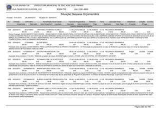 76.105.543/0001-35            PREFEITURA MUNICIPAL DE SÃO JOSÉ DOS PINHAIS

        RUA PASSOS DE OLIVEIRA 1101                                    83030-720               (041) 3381-6800

                                                                            Situação Despesa Orçamentária
Emissão: 01/01/2010      até 28/05/2010      Situação em: 28/05/2010

 Nr.     Emissão       CPF/CNPJ                   Nome/Razão Social Credor             Funcional Programática       Elemento        Fonte          Descrição Fonte         Modalidade         Licitação Contrato
             Empenhado      Estornado          Valor Empenho    Liquidado            Estornado      Valor Liquidado      Pago               Estornado       Valor Pago      Á Liquidar             Á Pagar
                                                                                         Histórico detalhado do Empenho

 3334   25/03/2010      2672748900    CRISTIANE VITORASSO DE MELO      11.001.27.812.0007.20    3.3.90.36.96.00 0.1.00 RECURSOS ORDINÁRIOS
                    800,00         314,50         485,50       800,00     314,50           485,50            800,00       314,50      485,50 0,00         0,00
  Outros Encargos: ADIANTAMENTO PARA VIAGEM, -ADIANTAMENTO PARA VIAGEM PARA CUSTEAR DESPESAS COM ALIMENTAÇÃO, MEDICAMENTOS E TRANSALADO PARA O DIRETOR DE ESPORTE
  CLÉSIO DE MARINS PRADO E DO CHEFE DE DIVISÃO GERMANO GERALDO KLEIN, QUE ESTARÃO EM NEGOCIAÇÃO COM A EMPRESA KASHIMA SPORTE NA CIDADE DE MARINGÁ NO DIA 25 E 26 DE
  MARÇO DO CORRENTE ANO, A QUAL É RESPONSÁVEL PELA CONFECÇÃO DE UNIFORMES ESPORTIVOS QUE SERÃO UTILIZADOS PELA EQUIPES QUE REPRESENTARÃO O MUNICÍPIO NAS
  COMPETIÇÕES E PARA OS DEMAIS FUNCIONÁRIOS.

 3335   25/03/2010       3133048902        ALEXIE BEBICI                  03.001.04.122.0002.20    3.3.90.36.96.00 0.1.00 RECURSOS ORDINÁRIOS
                     500,00               4,61         495,39  500,00          4,61           495,39            500,00          4,61           495,39              0,00             0,00
  Prestação do(s) serviço(s): ADIANTAMENTO PARA CUSTEAR DESPESA DE PRONTO PAGAMENTO, <br>Solicitação de adiantamento no valor de R$ 500,00 (quinhentos reais) em nome de Alexie Bebici,
  assessor técnico de Procuradoria, matrícula 13548.
 3336   25/03/2010     4772585000119    EDITORA PROGRESSIVA LTDA                       06.001.04.123.0002.20    3.3.90.39.63.01 0.1.00 RECURSOS ORDINÁRIOS                    Pregão          20/2009   27/2009
                     320,00            0,00             320,00           320,00              0,00          320,00            320,00        0,00       320,00                           0,00             0,00
  Aquisição do(s) produto(s): FOLHAS, Referente a registro de preços 20/2009(Pregão) Contrato: 27/2009 -USO DA CENTRAL DE ATENDIMENTO DA SEMFI.

 3337   25/03/2010      251575000187     SUCIMARK COML. DE PLASTICOS E                 17.001.22.661.0013.20     3.3.90.30.16.00 0.1.00 RECURSOS ORDINÁRIOS
                     300,00             0,00            300,00           300,00              0,00           300,00            300,00              0,00             300,00              0,00             0,00
  Aquisição do(s) produto(s): CRACHA , -Material necessário para o evento 3ª Caminhada na Natureza - Circuito Caminho do Vinho, a ser realizado no dia 25 de abril de 2010. O Porta crachá deve ser na medida
  especificada para comportar o mapa do circuito da caminhada e carimbos dos pontos de apoio que comprovam a realização do percurso.
 3338   25/03/2010     3279656000183     AMERICAN AUDIO VISUAL LTDA.                   10.001.08.244.0006.20    3.3.90.39.12.00 0.1.00 RECURSOS ORDINÁRIOS                 Pregão      33/2009   44/2009
                     400,00             0,00           400,00              0,00             0,00             0,00              0,00            0,00               0,00          400,00         400,00
  Aquisição do(s) produto(s): LOCACAO DE EQUIPAMENTO DE SONORIZACAO, Referente a registro de preços 33/2009(Pregão) Contrato: 44/2009 -Locação de equipamentos para banda de pequeno porte que se
  apresenterá no dia 25 de junho de 2010 no Cerimonial de Formatura dos alunos Aprendizes do Programa Guarda Mirim, no Ginásio de esportes Ney Braga, a partir das 18:45 horas.


 3339   25/03/2010     7477484000103    ALMEIDA EVENTOS E PRODUCOES LTDA 09.001.13.392.0005.20             3.3.90.39.14.00 0.1.00 RECURSOS ORDINÁRIOS                  Pregão        53/2009    76/2009
                      99,96            0,00         99,96            0,00               0,00            0,00              0,00             0,00              0,00            99,96            99,96
  Aquisição do(s) produto(s): LOCACAO DE VEICULO DE SOM, Referente a registro de preços 53/2009(Pregão) Contrato: 76/2009 -Locação de carro de sonorização, para divulgação do evento promovido por esta
  Secretaria denominado ""Quarta no Museu"".
 3340   25/03/2010      369047000127     LINHARES VIDEO E FOTO VISUAIS LTDA              13.001.15.452.0009.20     3.3.90.30.26.00 0.1.00 RECURSOS ORDINÁRIOS
                      237,00            0,00            237,00           237,00               0,00            237,00            237,00             0,00            237,00               0,00             0,00
  Aquisição do(s) produto(s): CARREGADOR, -Equipamentos solicitados para uso desta Divisão, tendo em vista, que a mesma possui apenas 2 carregadores, os quais apresentam defeito constantemente em função
  de serem muito antigos. Informamos ainda, que esta Divisão conta com 7 (sete) servidores prestando serviços em campo e necessitam registrar as ações destas fiscalizações através de fotos, equipamentos estes
  ativos mediante pilhas recarregáveis.




                                                                                                                                                                                       Página 393 de 768
 
