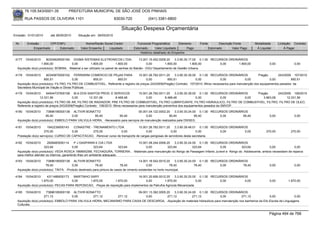 76.105.543/0001-35          PREFEITURA MUNICIPAL DE SÃO JOSÉ DOS PINHAIS

        RUA PASSOS DE OLIVEIRA 1101                                  83030-720             (041) 3381-6800

                                                                        Situação Despesa Orçamentária
Emissão: 01/01/2010     até 28/05/2010     Situação em: 28/05/2010

 Nr.     Emissão       CPF/CNPJ                 Nome/Razão Social Credor           Funcional Programática       Elemento      Fonte          Descrição Fonte        Modalidade      Licitação Contrato
             Empenhado      Estornado        Valor Empenho    Liquidado          Estornado      Valor Liquidado      Pago             Estornado       Valor Pago     Á Liquidar          Á Pagar
                                                                                     Histórico detalhado do Empenho

 4177   15/04/2010    80304629000164 DIGMA SISTEMAS ELETRONICOS LTDA-                      13.001.15.452.0009.20    3.3.90.30.17.00 0.1.00 RECURSOS ORDINÁRIOS
                   1.800,00             0,00           1.800,00            1.800,00             0,00         1.800,00          1.800,00        0,00      1.800,00            0,00             0,00
  Aquisição do(s) produto(s): BOBINA, -Material a ser utilizado no painel de senhas do Balcão - DGU Departamento de Gestão Urbana.

 4178   15/04/2010     60345675000102 FERRARINI COMERCIO DE PEçAS PARA              15.001.26.782.0011.20    3.3.90.30.39.00 0.1.00 RECURSOS ORDINÁRIOS                 Pregão      243/2009 107/2010
                     850,51              0,00       850,51         850,51                0,00           850,51              0,00              0,00             0,00            0,00          850,51
  Aquisição do(s) produto(s): FILTRO, FILTRO DE COMBUSTIVEL, Referente a registro de preços 243/2009(Pregão) Contrato: 107/2010 -filtros necessarios para manutenção dos equipamentos pesados da
  Secretaria Municipal de Viação e Obras Públicas
 4179   15/04/2010      64544737000158 M.A DOS SANTOS PROD. E SERVICOS                    15.001.26.782.0011.20    3.3.90.30.39.00 0.1.00 RECURSOS ORDINÁRIOS    Pregão      243/2009 106/2010
                  12.331,56              0,00       12.331,56            8.468,48              0,00         8.468,48              0,00           0,00       0,00    3.863,08       12.331,56
  Aquisição do(s) produto(s): FILTRO DE AR, FILTRO DE RADIADOR, PRE FILTRO DE COMBUSTIVEL, FILTRO LUBRIFICANTE, FILTRO HIDRAULICO, FILTRO DE COMBUSTIVEL, FILTRO, FILTRO DE OLEO,
  Referente a registro de preços 243/2009(Pregão) Contrato: 106/2010 -filtros necessarios para manutenção preventiva dos equipamentos pesados da SMVOP.
 4180   15/04/2010    73896185000138 ALTIVIR BONATTO                             05.001.04.122.0002.20     3.3.90.30.24.00 0.1.00 RECURSOS ORDINÁRIOS
                      95,40            0,00         95,40           95,40              0,00            95,40             95,40        0,00         95,40                     0,00             0,00
  Aquisição do(s) produto(s): EMBOLO PARA VALVULA HIDRA, -Necessário para serviços de manutenção realizados pela DSISEG.

 4181   15/04/2010      1942239000143   CONASTRE - TREINAMENTO LTDA               15.001.26.782.0011.20     3.3.90.39.48.01 0.1.00 RECURSOS ORDINÁRIOS
                     270,00            0,00        270,00             0,00              0,00             0,00              0,00        0,00          0,00                  270,00           270,00
  Prestação do(s) serviço(s): CURSO DE CAPACITACAO, -Renovar curso de transporte de cargas perigosas de servidores desta secretaria.

 4182   15/04/2010     2928483000114       P J GASPARIN E CIA LTDA              10.001.08.244.0006.20    3.3.90.30.24.00 0.1.00 RECURSOS ORDINÁRIOS
                     323,64               0,00          323,64           323,64      0,00           323,64            323,64         0,00            323,64            0,00             0,00
  Aquisição do(s) produto(s): VEDA ROSCA 18MMX25M, FECHADURA, TORNEIRA , -Materiais para manutenção do Abrigo de Passagem Infanto Juvenil e Abrigo do Adolescente, ambos necessitam de reparos
  para melhor atender os internos, garantindo lhes um ambiente adequado.
 4183   15/04/2010    73896185000138 ALTIVIR BONATTO                                     14.001.18.542.0010.20     3.3.90.30.24.00 0.1.00 RECURSOS ORDINÁRIOS
                      78,40              0,00            78,40              78,40              0,00            78,40             78,40        0,00         78,40             0,00             0,00
  Aquisição do(s) produto(s): TINTA, -Produto destinado para pintura de vasos de cimento existentes no horto municipal.

 4184   15/04/2010     4311489000173    MARTINHO SARY                             16.001.20.606.0012.20    3.3.90.30.25.00 0.1.00 RECURSOS ORDINÁRIOS
                   1.870,00            0,00      1.870,00        1.870,00              0,00         1.870,00              0,00        0,00          0,00                     0,00         1.870,00
  Aquisição do(s) produto(s): PECAS PARA REPOSICAO, -Peças de reposição para implementos da Patrulha Agricola Mecanizada.

 4185   15/04/2010    73896185000138 ALTIVIR BONATTO                        09.001.13.392.0005.20    3.3.90.30.24.00 0.1.00 RECURSOS ORDINÁRIOS
                     271,12            0,00       271,12        271,12           0,00           271,12            271,12           0,00         271,12               0,00             0,00
  Aquisição do(s) produto(s): EMBOLO PARA VALVULA HIDRA, MECANISMO PARA CAIXA DE DESCARGA, -Aquisição de materiais hidraulicos para manutenção nos banheiros da Elic-Escola de Linguagens
  Culturais.


                                                                                                                                                                             Página 494 de 768
 