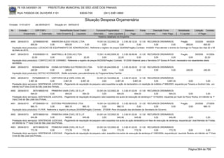 76.105.543/0001-35            PREFEITURA MUNICIPAL DE SÃO JOSÉ DOS PINHAIS

        RUA PASSOS DE OLIVEIRA 1101                                    83030-720               (041) 3381-6800

                                                                            Situação Despesa Orçamentária
Emissão: 01/01/2010      até 28/05/2010      Situação em: 28/05/2010

 Nr.     Emissão       CPF/CNPJ                   Nome/Razão Social Credor            Funcional Programática       Elemento         Fonte          Descrição Fonte         Modalidade        Licitação Contrato
             Empenhado      Estornado          Valor Empenho    Liquidado           Estornado      Valor Liquidado      Pago                Estornado       Valor Pago      Á Liquidar            Á Pagar
                                                                                        Histórico detalhado do Empenho

 4946   28/04/2010     3279656000183    AMERICAN AUDIO VISUAL LTDA.        19.001.04.122.0002.20       3.3.90.39.12.00 0.1.00 RECURSOS ORDINÁRIOS                Pregão       33/2009    44/2009
                     800,00            0,00       800,00            0,00         0,00               0,00              0,00            0,00             0,00           800,00          800,00
  Aquisição do(s) produto(s): LOCACAO DE EQUIPAMENTO DE SONORIZACAO, Referente a registro de preços 33/2009(Pregão) Contrato: 44/2009 -Para atender o evento do Domingo no Parque dos dias 02 e 09
  de Maio de 2010.
 4947   28/04/2010     5162908000115   MARTINELLI & COELHO LTDA                    12.001.16.482.0008.20    3.3.90.39.99.99 0.1.00 RECURSOS ORDINÁRIOS                   Pregão        59/2009    91/2009
                      22,00           0,00          22,00            22,00              0,00            22,00              0,00              0,00              0,00              0,00            22,00
  Aquisição do(s) produto(s): CONFECCAO DE CARIMBO, Referente a registro de preços 59/2009(Pregão) Contrato: 91/2009 -Material para a Servidora Drª Soraia Al Farah, necessário nos expedientes desta
  secretaria.
 4948   28/04/2010    80304629000164 DIGMA SISTEMAS ELETRONICOS LTDA-              10.001.08.244.0006.20     3.3.90.30.26.00 0.1.00 RECURSOS ORDINÁRIOS
                     240,00            0,00        240,00               0,00            0,00             0,00               0,00        0,00          0,00                         240,00              240,00
  Aquisição do(s) produto(s): BOTAO ACIONADOR, -Botão acionador, para atendimento do Programa Bolsa Família.

 4949   28/04/2010     76752880000114 CARTORIO DA 2 VARA CIVEL DE                  03.001.04.122.0002.20     3.3.90.91.02.00 0.1.00 RECURSOS ORDINÁRIOS
                    3.467,34             0,00       3.467,34       3.467,34             0,00          3.467,34          3.467,34               0,00          3.467,34               0,00               0,00
  Prestação do(s) serviço(s): SENTENCAS JUDICIAIS, -Pagamento de requisição de pequeno valor expedida na ação de declaratório c/c repetição de indébito nº 869/2003, requerida por Teixeira e Andrioli Ltda., em
  trâmite na 2ª Vara Cível de São José dos Pinhais.
 4950   28/04/2010      3675198000100   PRIMEIRA VARA CIVEL DE S.J.P               03.001.04.122.0002.20    3.3.90.91.02.00 0.1.00 RECURSOS ORDINÁRIOS
                     694,03           0,00          694,03          694,03              0,00           694,03            694,03             0,00           694,03              0,00              0,00
  Prestação do(s) serviço(s): SENTENCAS JUDICIAIS, -Pagamento de requisição de pequeno valor expedida nos autos de execução de sentença nº 1019/2004, requerida por Sueli do Rocio Rocha, em trâmite na 1ª
  Vara Cível de São José dos Pinhais.
 4951   28/04/2010     4772585000119     EDITORA PROGRESSIVA LTDA                      19.001.04.122.0002.20      3.3.90.39.63.02 0.1.00 RECURSOS ORDINÁRIOS                 Pregão          20/2009     27/2009
                     860,10             0,00             860,10           860,10              0,00          860,10               0,00              0,00         0,00                  0,00             860,10
  Aquisição do(s) produto(s): FLYER, Referente a registro de preços 20/2009(Pregão) Contrato: 27/2009 -Para divulgação das atividades da Secretaria de Governo.

 4952   28/04/2010      3675198000100     PRIMEIRA VARA CIVEL DE S.J.P             03.001.04.122.0002.20    3.3.90.91.02.00 0.1.00 RECURSOS ORDINÁRIOS
                     945,98              0,00          945,98        945,98             0,00           945,98            945,98               0,00          945,98              0,00             0,00
  Prestação do(s) serviço(s): SENTENCAS JUDICIAIS, -Pagamento de requisição de pequeno valor expedida nos autos de ação declaratória em fase de execução de sentença, requerida por José Mendes de Freitas,
  em trâmite na 1ª Vara Cível de São José dos Pinhais.
 4953   28/04/2010      3675198000100   PRIMEIRA VARA CIVEL DE S.J.P               03.001.04.122.0002.20     3.3.90.91.02.00 0.1.00 RECURSOS ORDINÁRIOS
                     773,78           0,00          773,78          773,78              0,00            773,78            773,78             0,00          773,78              0,00               0,00
  Prestação do(s) serviço(s): SENTENCAS JUDICIAIS, -Pagamento de requisição de pequeno valor, expedida nos autos de execução de sentença nº 1093/2004, requerida por Laurinda Pereira, em trâmite na 1ª Vara
  Cível de São José dos Pinhais.




                                                                                                                                                                                      Página 584 de 768
 