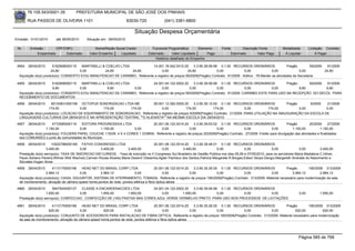 76.105.543/0001-35           PREFEITURA MUNICIPAL DE SÃO JOSÉ DOS PINHAIS

        RUA PASSOS DE OLIVEIRA 1101                                   83030-720              (041) 3381-6800

                                                                          Situação Despesa Orçamentária
Emissão: 01/01/2010      até 28/05/2010     Situação em: 28/05/2010

 Nr.     Emissão       CPF/CNPJ                  Nome/Razão Social Credor            Funcional Programática       Elemento       Fonte          Descrição Fonte        Modalidade       Licitação Contrato
             Empenhado      Estornado         Valor Empenho    Liquidado           Estornado      Valor Liquidado      Pago              Estornado       Valor Pago     Á Liquidar           Á Pagar
                                                                                       Histórico detalhado do Empenho

 4954   28/04/2010     5162908000115   MARTINELLI & COELHO LTDA             14.001.18.542.0010.20      3.3.90.39.99.99 0.1.00 RECURSOS ORDINÁRIOS                   Pregão        59/2009  91/2009
                      24,80           0,00          24,80       24,80             0,00             24,80              0,00             0,00               0,00              0,00          24,80
  Aquisição do(s) produto(s): CONSERTO E/OU MANUTENCAO DE CARIMBO, Referente a registro de preços 59/2009(Pregão) Contrato: 91/2009 - Aditivo : 76-Manter as atividades da Secretaria

 4955   28/04/2010     5162908000115   MARTINELLI & COELHO LTDA             24.001.04.122.0002.20      3.3.90.39.99.99 0.1.00 RECURSOS ORDINÁRIOS          Pregão      59/2009 91/2009
                       9,80           0,00           9,80       0,00              0,00              0,00              0,00            0,00          0,00          9,80         9,80
  Aquisição do(s) produto(s): CONSERTO E/OU MANUTENCAO DE CARIMBO, Referente a registro de preços 59/2009(Pregão) Contrato: 91/2009 -CARIMBO ESTE PARA USO NA RECEPÇÃO DO DECOL PARA
  RECEBIMENTO DE DOCUMENTOS
 4956   28/04/2010    85153831000156 OCTOPUS SONORIZACAO LTDA ME           09.001.13.392.0005.20       3.3.90.39.12.00 0.1.00 RECURSOS ORDINÁRIOS           Pregão      9/2009 21/2009
                     174,00            0,00       174,00       174,00            0,00            174,00             174,00            0,00        174,00           0,00        0,00
  Aquisição do(s) produto(s): LOCACAO DE EQUIPAMENTO DE SONORIZACAO, Referente a registro de preços 9/2009(Pregão) Contrato: 21/2009 -PARA UTILIAÇÃO NA INAUGURAÇÃO DA ESCOLA DE
  LINGUAGENS CULTURAIS DIA 28/04/2010 E NA APRESENTAÇÃO TEATRAL ""O ALIENISTA"" NA MESMA ESCOLA DIA 29/04/2010.
 4957   28/04/2010     4772585000119    EDITORA PROGRESSIVA LTDA             20.001.06.122.0014.20      3.3.90.39.63.02 0.1.00 RECURSOS ORDINÁRIOS                 Pregão         20/2009      27/2009
                   1.150,00            0,00      1.150,00          0,00           0,00               0,00              0,00            0,00              0,00         1.150,00           1.150,00
  Aquisição do(s) produto(s): FOLDERS PAPEL COUCHE 115GR. 4 X 4 CORES 1 DOBRA, Referente a registro de preços 20/2009(Pregão) Contrato: 27/2009 -Folder para divulgação das atividades e finalidades
  dos COMUNSEG s junto às comunidades do Município.
 4958   28/04/2010     10522786000160 FATHO CONGRESSO LTDA                           20.001.06.122.0014.20    3.3.90.39.48.01 0.1.00 RECURSOS ORDINÁRIOS
                   3.400,00             0,00        3.400,00         3.400,00             0,00         3.400,00              0,00             0,00             0,00              0,00         3.400,00
  Prestação do(s) serviço(s): TAXA DE INSCRICAO EM CURSOS, -Taxa de inscrição no II Congresso Sul Brasileiro de Gestão Pública nos dias 05,06 e 07/05/2010, para os servidores Maria Madalena C.Hitner,
  Paulo Adriano Pereira,Wilmar Wild Wacholz,Carmen Rozas Alvarez,Maria Dezenir Dissenha,Aglair Pacheco dos Santos,Patricia Margarete R.Borges,Edson Serpa Dangui,Margareth Andrade do Nascimento e
  Sócrates Hugen Alves
 4959   28/04/2010     4113175000166      HEAD NET DO BRASIL CORP LTDA                  20.001.06.122.0014.20    3.3.90.30.26.00 0.1.00 RECURSOS ORDINÁRIOS      Pregão        190/2009 313/2009
                   2.964,12              0,00       2.964,12             0,00                 0,00            0,00              0,00        0,00          0,00      2.964,12          2.964,12
  Aquisição do(s) produto(s): CAIXA, DISJUNTOR, SISTEMA DE ATERRAMENTO, TOMADA, Referente a registro de preços 190/2009(Pregão) Contrato: 313/2009 -Material necessário para modernização da sala
  de monitoramento, ativação de câmera speed home,pontos de rede, pontos elétrica e fibra óptica aérea
 4960   28/04/2010      5947504000137  CLASSE A ENCARDENACOES LTDA          24.001.04.122.0002.20    3.3.90.39.99.99 0.1.00 RECURSOS ORDINÁRIOS
                   1.650,00           0,00       1.650,00       1.650,00         0,00         1.650,00              0,00        0,00          0,00                               0,00         1.650,00
  Prestação do(s) serviço(s): CONFECCAO , CONFECÇÃO DE (100) PASTAS NAS CORES AZUL VERDE VERMELHO PRETO -PARA USO NOS PROCESSOS DE LICITAÇÕES

 4961   28/04/2010     4113175000166      HEAD NET DO BRASIL CORP LTDA                  20.001.06.122.0014.20     3.3.90.30.26.00 0.1.00 RECURSOS ORDINÁRIOS    Pregão       190/2009 313/2009
                     620,00              0,00         620,00              0,00                0,00             0,00              0,00        0,00          0,00      620,00          620,00
  Aquisição do(s) produto(s): CONJUNTO DE ACESSORIOS PARA INSTALACAO DE FIBRA OPTICA, Referente a registro de preços 190/2009(Pregão) Contrato: 313/2009 -Material necessário para modernização
  da sala de monitoramento, ativação de câmera speed home,pontos de rede, pontos elétrica e fibra óptica aérea




                                                                                                                                                                                 Página 585 de 768
 