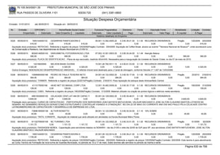 76.105.543/0001-35            PREFEITURA MUNICIPAL DE SÃO JOSÉ DOS PINHAIS

        RUA PASSOS DE OLIVEIRA 1101                                   83030-720               (041) 3381-6800

                                                                           Situação Despesa Orçamentária
Emissão: 01/01/2010      até 28/05/2010     Situação em: 28/05/2010

 Nr.     Emissão       CPF/CNPJ                  Nome/Razão Social Credor             Funcional Programática       Elemento       Fonte          Descrição Fonte         Modalidade        Licitação Contrato
             Empenhado      Estornado         Valor Empenho    Liquidado            Estornado      Valor Liquidado      Pago              Estornado       Valor Pago      Á Liquidar            Á Pagar
                                                                                        Histórico detalhado do Empenho

 5325   05/05/2010     1693144000133    CESARPAN PANIFICADORA E                       09.001.13.392.0005.20    3.3.90.39.41.00 0.1.00 RECURSOS ORDINÁRIOS                  Pregão        125/2009 200/2009
                     416,40            0,00            416,40            416,40            0,00           416,40               0,00              0,00            0,00             0,00           416,40
  Aquisição do(s) produto(s): REFEICAO, Referente a registro de preços 125/2009(Pregão) Contrato: 200/2009 -Aquisição de Coffee Break, alusivo ao evento ""Semana Nacional de Museus"", onde acontecerá curso
  de Conservação e Restauro, nas dependencias do Museu Municipal em 21/05/10.
 5326   05/05/2010    80240146000143 GRAVAMETAL FOTOGRAVACAO LTDA                  07.002.10.301.0003.20    3.3.90.30.44.00 0.1.49 Atenção Básica
                     390,00             0,00        390,00             0,00             0,00             0,00              0,00           0,00              0,00            390,00                   390,00
  Aquisição do(s) produto(s): PLACA DE IDENTIFICACAO, -Placa de aço escovado, medindo 60cmX40. Necessária para a inauguração da Unidade de Saúde Cristal, no dia 07 de maio de 2010.

 5327   06/05/2010     14216620949  NELSON BAIAK OLEINIK                     15.001.26.782.0011.10     4.4.90.61.03.00 0.1.00 RECURSOS ORDINÁRIOS
                  4.320,00         0,00      4.320,00      4.320,00               0,00          4.320,00              0,00           0,00              0,00                         0,00         4.320,00
  Outros Encargos: INDENIZACAO DESAPROPRIACAO AMIGAVEL, -O referido imóvel será destinado para o Canal de drenagem, conforme Decreto nº 1.407 de 13/03/2006.

 5328   06/05/2010    10956983000198 PEDRO DE PAULA TEIXEIRA NETO                     24.001.04.122.0002.20     3.3.90.30.17.00 0.1.00 RECURSOS ORDINÁRIOS                 Pregão          22/2010     216/2010
                     384,00            0,00            384,00            384,00             0,00           384,00              0,00            0,00           0,00                  0,00             384,00
  Aquisição do(s) produto(s): TONNER, Referente a registro de preços 22/2010(Pregão) Contrato: 216/2010 -Para reposição de estoque deste Almoxarifado Central

 5329   06/05/2010     4113175000166     HEAD NET DO BRASIL CORP LTDA                  12.001.16.482.0008.20      3.3.90.30.17.00 0.1.00 RECURSOS ORDINÁRIOS                     Pregão      190/2009 313/2009
                     128,00             0,00             128,00             0,00             0,00             0,00                 0,00              0,00              0,00           128,00         128,00
  Aquisição do(s) produto(s): CABO, Referente a registro de preços 190/2009(Pregão) Contrato: 313/2009 -Material utilizado na criação de pontos lógicos e elétricos nesta secretaria.

 5330   06/05/2010     48915029000120 CELACADE CENT.LAT.AM.DE CAPAC.Y       05.001.04.128.0002.20    3.3.90.39.48.01 0.1.00 RECURSOS ORDINÁRIOS
                   3.600,00            0,00      3.600,00         0,00           0,00             0,00              0,00        0,00          0,00 3.600,00   3.600,00
  Prestação do(s) serviço(s): CURSO DE CAPACITACAO, -PARTICIPAÇÃO DOS SERVIDORES JOAO BATISTA MATUCHESKI, VALDUIR MACHADO E JOSE AILTON CLAUDINO BASTOS,LOTADOS NA
  SEMARH, NO SEMINÁRIO SERVIÇOS GERIAS"COMO ESTRUTURAR E CONTROLAR VISANDO A OTIMIZAÇÃO", NO DIA 22 DE MAIO DO CORRENTE ANO EM SAO PAULO PELA CELACADE CENTRO
  LATINOAMERICANO DE CAPACITACION Y DESARROLLO DE EMPRESAS S/C LTDA.
 5331   06/05/2010    73896185000138 ALTIVIR BONATTO                                    08.001.12.122.0004.20     3.3.90.30.24.00 0.1.10 10% SOBRE
                      40,80             0,00           40,80              0,00               0,00              0,00              0,00         0,00                0,00            40,80               40,80
  Aquisição do(s) produto(s): TINTA, CORANTE, -Aquisição de material que será utilizado em atividades na Escola Municipal Mário Flores

 5332   06/05/2010    81102709000108 NC TURISMO LTDA                                05.001.04.122.0002.20    3.3.90.33.01.00 0.1.00 RECURSOS ORDINÁRIOS                Pregão      61/2009   92/2009
                   1.101,72           0,00       1.101,72          1.101,72              0,00         1.101,72               0,00             0,00             0,00           0,00       1.101,72
  Aquisição do(s) produto(s): PASSAGEM AEREA, Capacitação para servidores lotados na SEMARH - ida dia 21/05 e volta dia 22/05 de SJP para SP, aos servidores JOAO BATISTA MATUCHESKI, JOSE AILTON
  CLAUDINO BASTOS E VALDUIR MACHADO
 5333   06/05/2010     1693144000133    CESARPAN PANIFICADORA E                       20.001.06.122.0014.20     3.3.90.39.41.00 0.1.00 RECURSOS ORDINÁRIOS                  Pregão        125/2009 200/2009
                   1.735,00            0,00          1.735,00          1.735,00            0,00          1.735,00               0,00             0,00             0,00              0,00         1.735,00
  Aquisição do(s) produto(s): REFEICAO, Referente a registro de preços 125/2009(Pregão) Contrato: 200/2009 -Referente a registro de preços 125/2009(Pregão) Contrato: 200/2009 -Este lanche é para atendimento
  ao Curso Tecnico de Formação da nova turma de Guardas Municipais, no periodo de 10 a 17 de maio. Estes lanches são servidos no periodo da manha e tarde.
                                                                                                                                                                                    Página 630 de 768
 