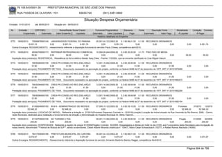 76.105.543/0001-35            PREFEITURA MUNICIPAL DE SÃO JOSÉ DOS PINHAIS

        RUA PASSOS DE OLIVEIRA 1101                                    83030-720              (041) 3381-6800

                                                                           Situação Despesa Orçamentária
Emissão: 01/01/2010      até 28/05/2010      Situação em: 28/05/2010

 Nr.     Emissão       CPF/CNPJ                   Nome/Razão Social Credor            Funcional Programática       Elemento        Fonte          Descrição Fonte          Modalidade      Licitação Contrato
             Empenhado      Estornado          Valor Empenho    Liquidado           Estornado      Valor Liquidado      Pago               Estornado       Valor Pago       Á Liquidar          Á Pagar
                                                                                        Histórico detalhado do Empenho

 5772   18/05/2010   75095679000149 UNIVERSIDADE FEDERAL DO PARANA                  05.001.04.122.0002.20     3.1.90.96.01.00 0.1.00 RECURSOS ORDINÁRIOS
                  9.551,74          0,00        9.551,74          9.551,74                0,00         9.551,74              0,00        0,00          0,00                         0,00         9.551,74
  Outros Encargos: RESSARCIMENTO, -ressarcimento referente a disposição funcional do servidor Paulo Chiesa, competência abril/2010.

 5773   18/05/2010    95392759000173 REFRIMUR REFRIGERACAO COMERCIAL                    10.004.08.244.0006.20      3.3.90.30.25.00 3.1.73 PISO FIXO DE MEDIA
                      55,00            0,00             55,00               0,00              0,00              0,00              0,00             0,00             0,00           55,00            55,00
  Aquisição do(s) produto(s): RESISTENCIA, -Resistência do forno elétrico Master Easy Clear - Fischer 110/220v, que se encontra danificado no Cras Miguel Haluch.

 5774   18/05/2010     76639384000159 CREA-PR-CONSELHO REG.ENG.ARQ.E             12.001.16.482.0008.20     3.3.90.39.99.99 0.1.00 RECURSOS ORDINÁRIOS
                      31,50           0,00          31,50           31,50             0,00             31,50              31,50            0,00            31,50                    0,00             0,00
  Prestação do(s) serviço(s): PAGAMENTO DE TAXA, -Documento necessário na aprovação do projeto, conforme Lei federal 6496 de 07 de dezembro de 1977. ART nº 20101875268

 5775   18/05/2010     76639384000159 CREA-PR-CONSELHO REG.ENG.ARQ.E             12.001.16.482.0008.20     3.3.90.39.99.99 0.1.00 RECURSOS ORDINÁRIOS
                      31,50           0,00          31,50           31,50             0,00             31,50              31,50            0,00            31,50                    0,00             0,00
  Prestação do(s) serviço(s): PAGAMENTO DE TAXA, -Documento necessário na aprovação do projeto, conforme Lei federal 6496 de 07 de dezembro de 1977. ART nº 20101892472

 5776   18/05/2010     76639384000159 CREA-PR-CONSELHO REG.ENG.ARQ.E             12.001.16.482.0008.20     3.3.90.39.99.99 0.1.00 RECURSOS ORDINÁRIOS
                      31,50           0,00          31,50           31,50             0,00             31,50              31,50            0,00            31,50                    0,00             0,00
  Prestação do(s) serviço(s): PAGAMENTO DE TAXA, -Documento necessário na aprovação do projeto, conforme Lei federal 6496 de 07 de dezembro de 1977. ART nº 20101892294

 5777   18/05/2010     76639384000159 CREA-PR-CONSELHO REG.ENG.ARQ.E             12.001.16.482.0008.20     3.3.90.39.99.99 0.1.00 RECURSOS ORDINÁRIOS
                      31,50           0,00          31,50           31,50             0,00             31,50              31,50            0,00            31,50                    0,00             0,00
  Prestação do(s) serviço(s): PAGAMENTO DE TAXA, -Documento necessário na aprovação do projeto, conforme Lei federal 6496 de 07 de dezembro de 1977. ART nº 20101892154

 5778   18/05/2010     81308249000160 M & N - ADMINISTRACAO DE IMOVEIS                   07.005.10.122.0003.20     3.3.90.39.10.00 0.1.00 RECURSOS ORDINÁRIOS           Processo       37/2010     13/2010
                  52.546,32               0,00        52.546,32             0,00              0,00              0,00                0,00      0,00              0,00       52.546,32         52.546,32
  Aquisição do(s) produto(s): LOCACAO DE IMOVEL, Referente a licitação nr. 37/2010(Processo Dispensa) Contrato nr. 13/2010(Locação) Locação de imóvel situado na Rua Visconde do Rio Branco, 2090, - Centro,
  neste Município, destinado para instalação e funcionamento da Direção e Administração do Hospital Municipal Dr. Attílio Talamini.
 5779   18/05/2010    81102709000108 NC TURISMO LTDA                                     09.001.13.392.0005.20     3.3.90.39.80.00 0.1.00 RECURSOS ORDINÁRIOS               Pregão       61/2009     92/2009
                     200,00             0,00          200,00               0,00               0,00              0,00              0,00            0,00             0,00          200,00           200,00
  Aquisição do(s) produto(s): HOSPEDAGEM, Referente a registro de preços 61/2009(Pregão) Contrato: 92/2009 -Hospedagens e diárias em hotel no dia 21/05, aos Funcionários desta Secretaria para divulgação de
  nosso evento, denominado ""Festival de Música de SJP"", sendo os servidores: Cleber Altamir Miranda (matricula n° 13947), Mário César Schwarzbach (15277), e Rafael Ramos Machado (16090).


 5780   18/05/2010   76417005000186 PREFEITURA MUNICIPAL DE CURITIBA               05.001.04.122.0002.20    3.1.90.96.01.00 0.1.00 RECURSOS ORDINÁRIOS
                  3.073,57          0,00       3.073,57           3.073,57              0,00         3.073,57              0,00            0,00      0,00                           0,00         3.073,57
  Outros Encargos: RESSARCIMENTO, -Ressarcimento referente a disposição funcional do servidor Armando Martinho Bardou Raggio, competência Abril/2010


                                                                                                                                                                                    Página 684 de 768
 
