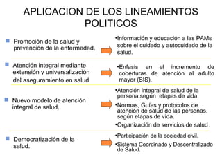 APLICACION DE LOS LINEAMIENTOS
POLITICOS
 Promoción de la salud y
prevención de la enfermedad.
 Atención integral mediante
extensión y universalización
del aseguramiento en salud
 Nuevo modelo de atención
integral de salud.

 Democratización de la
salud.

•Información y educación a las PAMs
sobre el cuidado y autocuidado de la
salud.
•Enfasis en el incremento de
coberturas de atención al adulto
mayor (SIS).
•Atención integral de salud de la
persona según etapas de vida.
•Normas, Guías y protocolos de
atención de salud de las personas,
según etapas de vida.
•Organización de servicios de salud.
• Participación de la sociedad civil.
• Sistema Coordinado y Descentralizado
de Salud.

 
